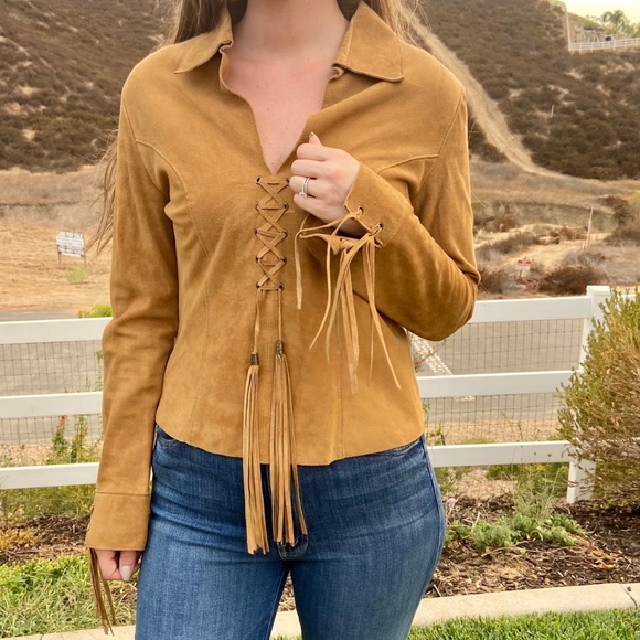 Vintage Paolo Santini 100% Suede Leather Lace Up Bohemian Long Sleeve Top - Picture 4 of 15